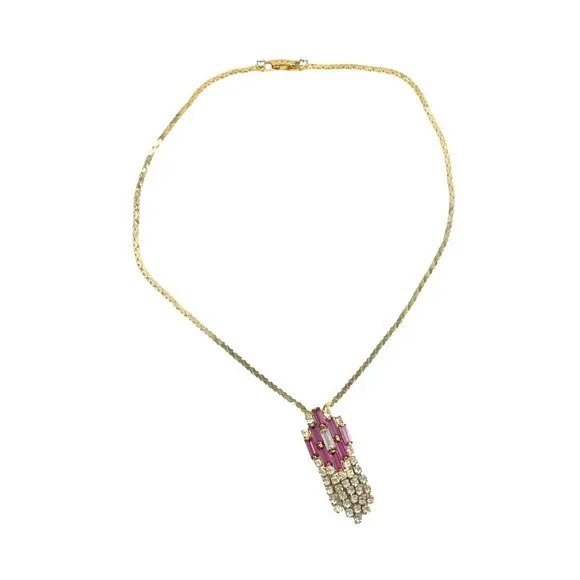 Hobe Signed 16 Choker Necklace Gold Tone Pink Retro Rhinestone Pendant